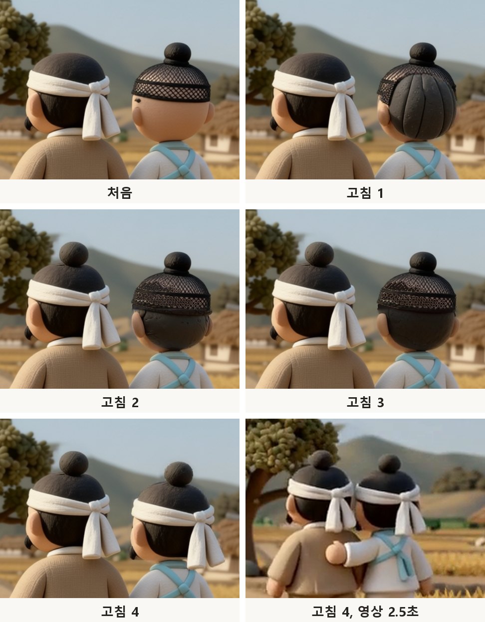 같은 자리를 확대한 머리 여섯 장. 처음: 형은 상투 없이 흰 수건, 아우는 그물 모자 아래 살빛. 고침 1: 아우 망건 아래에 세로 골 진 검은 머리. 고침 2: 형에게 상투, 아우는 망건 아래 둥근 검은 머리. 고침 3: 아우 머리가 형과 같은 짙은 색. 고침 4: 아우도 형과 같은 흰 수건과 상투. 마지막은 고침 4 영상 2.5초.