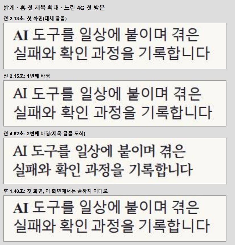 홈 첫 제목을 확대한 네 장면. 위에서부터 2.13초 첫 화면(대체 글꼴), 2.15초 굵기가 바뀜, 4.62초 명조 제목 글꼴이 도착함, 그리고 고친 뒤 1.40초 첫 화면은 끝까지 그대로