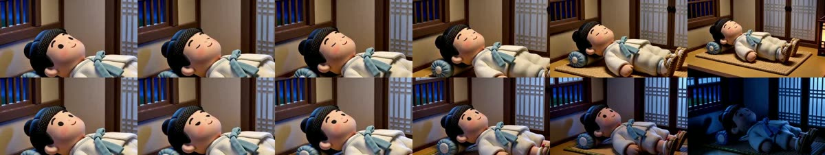 같은 방 장면의 프레임 여섯 장씩 두 줄. 위 줄은 오른쪽으로 갈수록 방이 노랗게 밝아지고 마지막 장 오른쪽 끝에 등잔이 있다. 아래 줄은 등잔 없이 마지막 장에서 방이 푸르게 어두워진다.